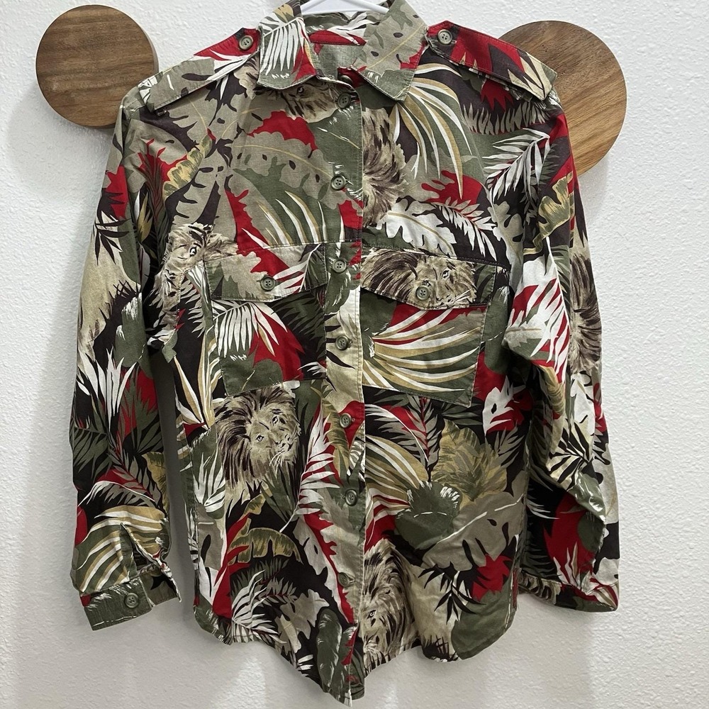 Vintage Safari Lion Red Green Bold Pattern Button Up Women's Medium Boho‎ Jungle